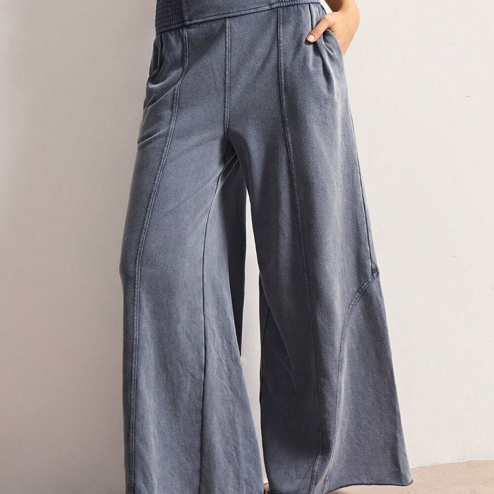 Grey Casual Women's Loose Wide Leg Washed Pants